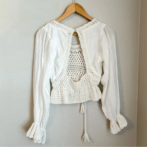 NWT, Free People Megan Ivory Crochet Long Sleeve Bohemian Crop Top, Size X-Small - Picture 10 of 13
